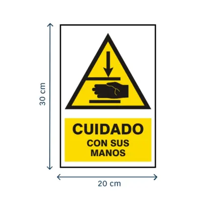 Señalética cuidado con sus manos para advertir riesgo de atrapamiento o lesiones en manos en maquinaria y equipos