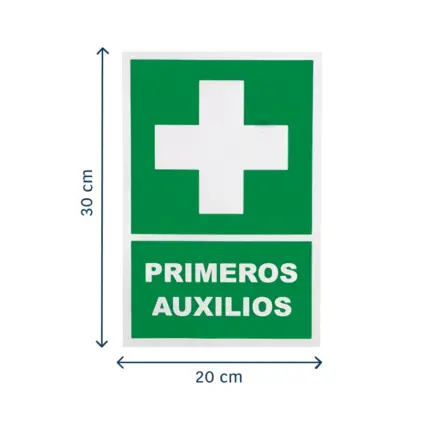 Señal primeros auxilios con base 20x30 cm para identificar áreas y equipos de atención médica en caso de emergencia