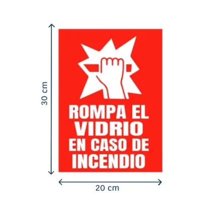 Señal rompa el vidrio en caso de incendio para indicar el uso de dispositivos de emergencia