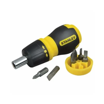 Destornillador Multipunta con Rachet Stanley, herramienta ergonómica con almacenamiento de puntas integrado para máxima eficiencia.