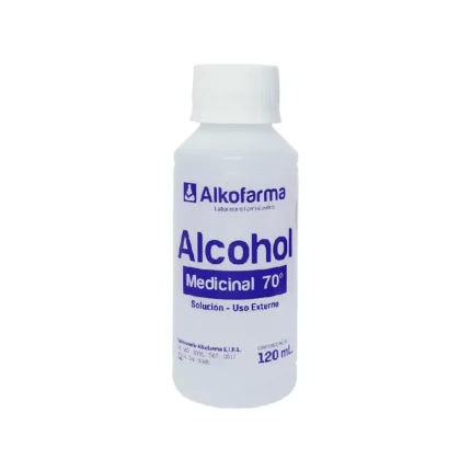 Alcohol líquido 70% Alkofarma 120 ml, antiséptico de uso externo para limpieza y desinfección de manos y superficies.