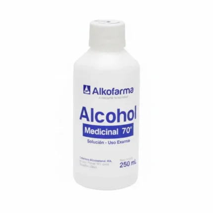 Alcohol líquido 70% Alkofarma 250 ml, antiséptico para limpieza y desinfección de manos, piel y superficies.