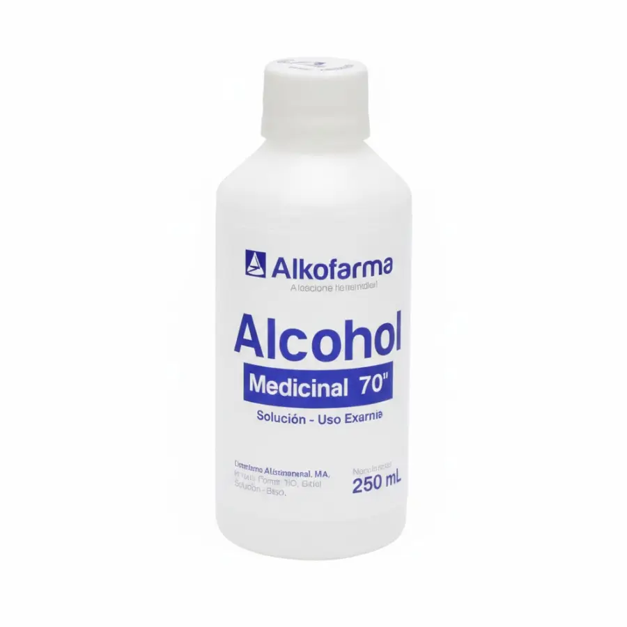 Alcohol líquido 70% Alkofarma 250 ml, antiséptico para limpieza y desinfección de manos, piel y superficies.