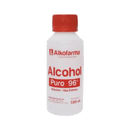 Alcohol Líquido 96% Alkofarma 120 ml, solución antiséptica y desinfectante para higiene y limpieza general.