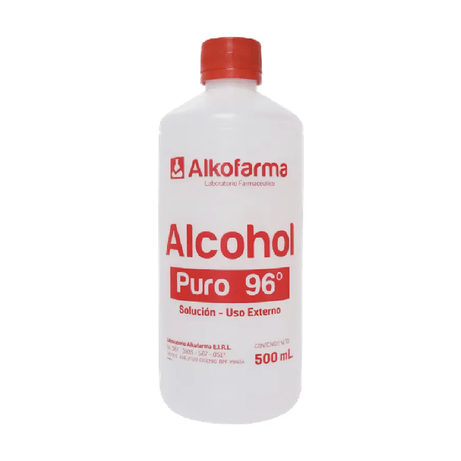 Alcohol Líquido 96% Alkofarma 500 ml, solución antiséptica y desinfectante de alta pureza para higiene y limpieza.