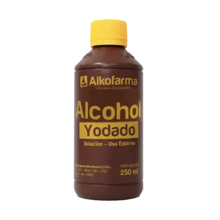 Alcohol Yodado Alkofarma 250 ml, solución antiséptica de uso tópico para desinfección de la piel y primeros auxilios.