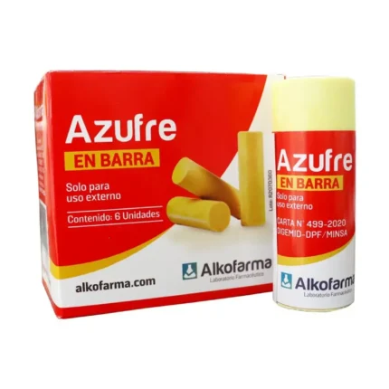 Azufre en barra Alkofarma, compuesto sólido de uso tradicional con aplicaciones dermatológicas, farmacéuticas y técnicas.