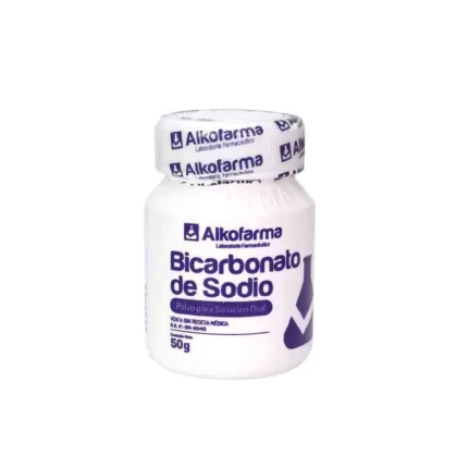 Bicarbonato de sodio Alkofarma 50 g, polvo multiuso para alivio digestivo, higiene personal y usos domésticos.