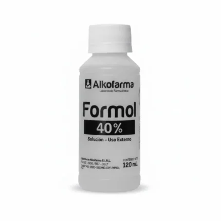 Formol 40% Alkofarma 120 ml, solución concentrada de formaldehído para conservación, desinfección y uso técnico controlado.