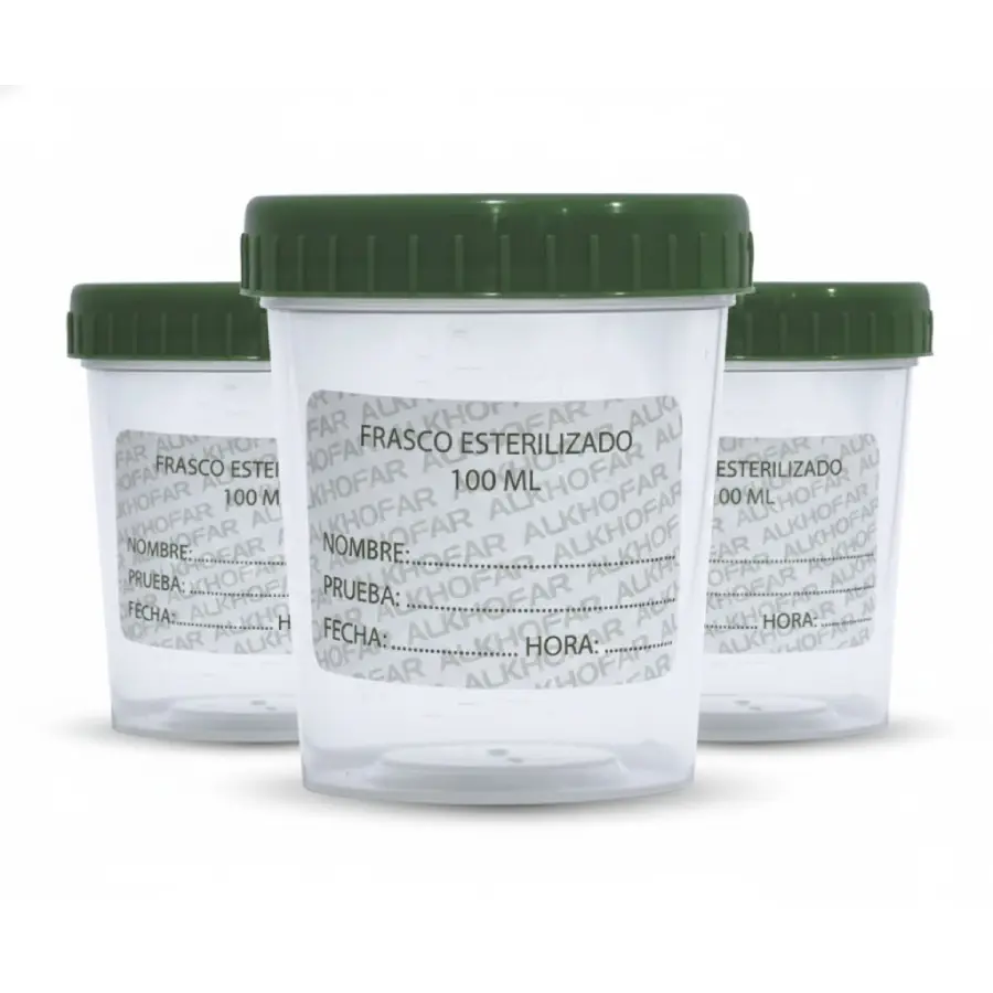 Frasco estéril Alkhofar, recipiente médico de uso seguro para recolección y almacenamiento de muestras clínicas.