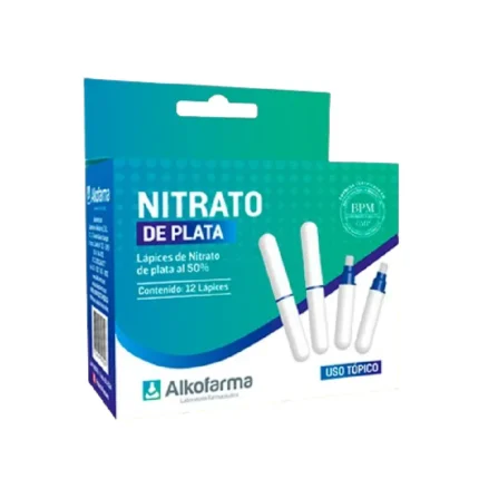 Nitrato de Plata Alkofarma, compuesto químico de uso médico y de laboratorio para aplicaciones antisépticas y técnicas.