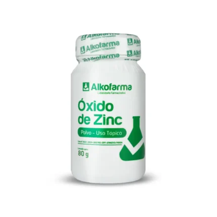 Óxido de Zinc Alkofarma 80 g, polvo de uso farmacéutico para protección y cuidado efectivo de la piel.