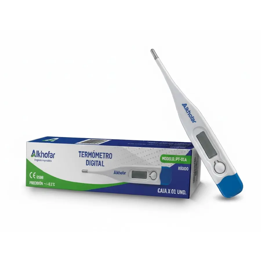 Termómetro digital Alkhofar, dispositivo médico preciso para medición rápida y confiable de la temperatura corporal.