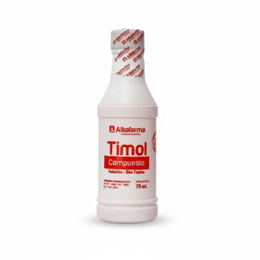 Timol Compuesto Alkofarma, solución antiséptica de uso externo con acción desinfectante y aromática para cuidado personal y botiquines.