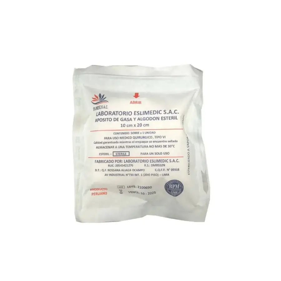 Apósito de gasa y algodón 10 x 20 cm Eslimedic para cubrir y proteger heridas en primeros auxilios